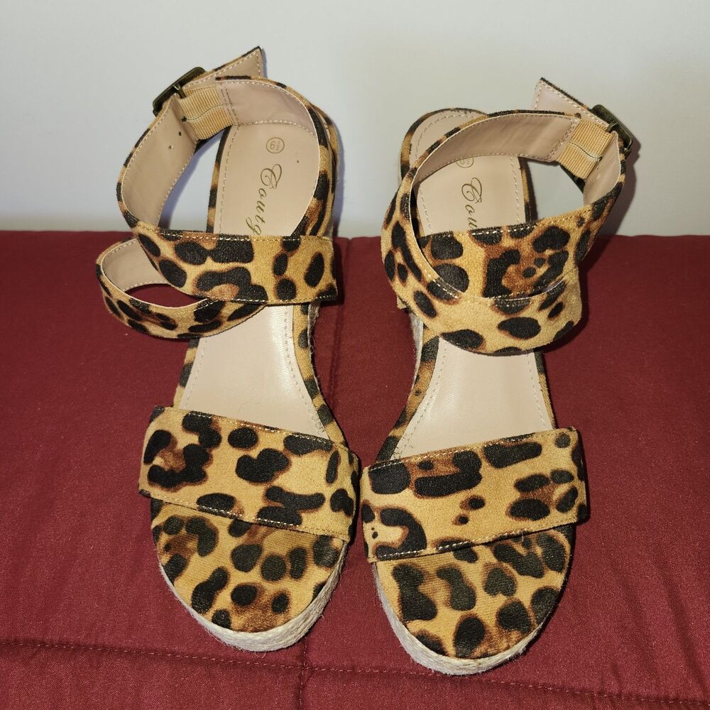 Coutgo Womens Leopard Print Espadrille Wedge Sandals 6.5 Crisscross Ankle Strap - Picture 3 of 9